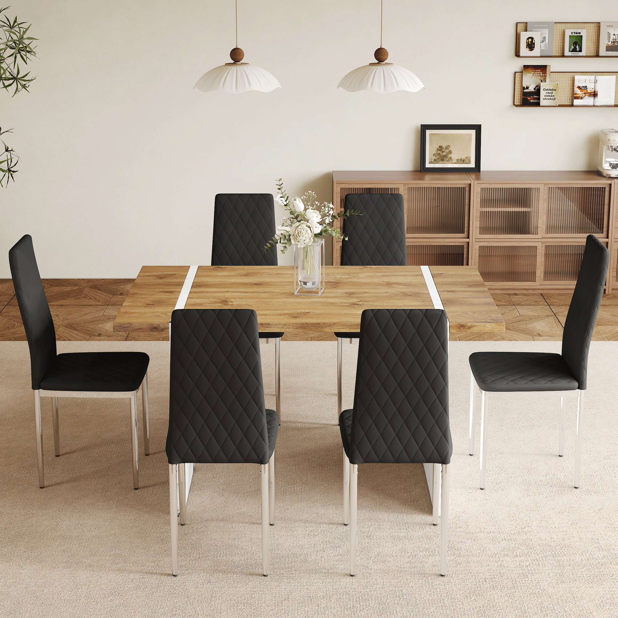 English translation: 55-inch solid wood veneer dining table + 6 dining chairs set. Marble style table legs. Modern and simple dining furniture set