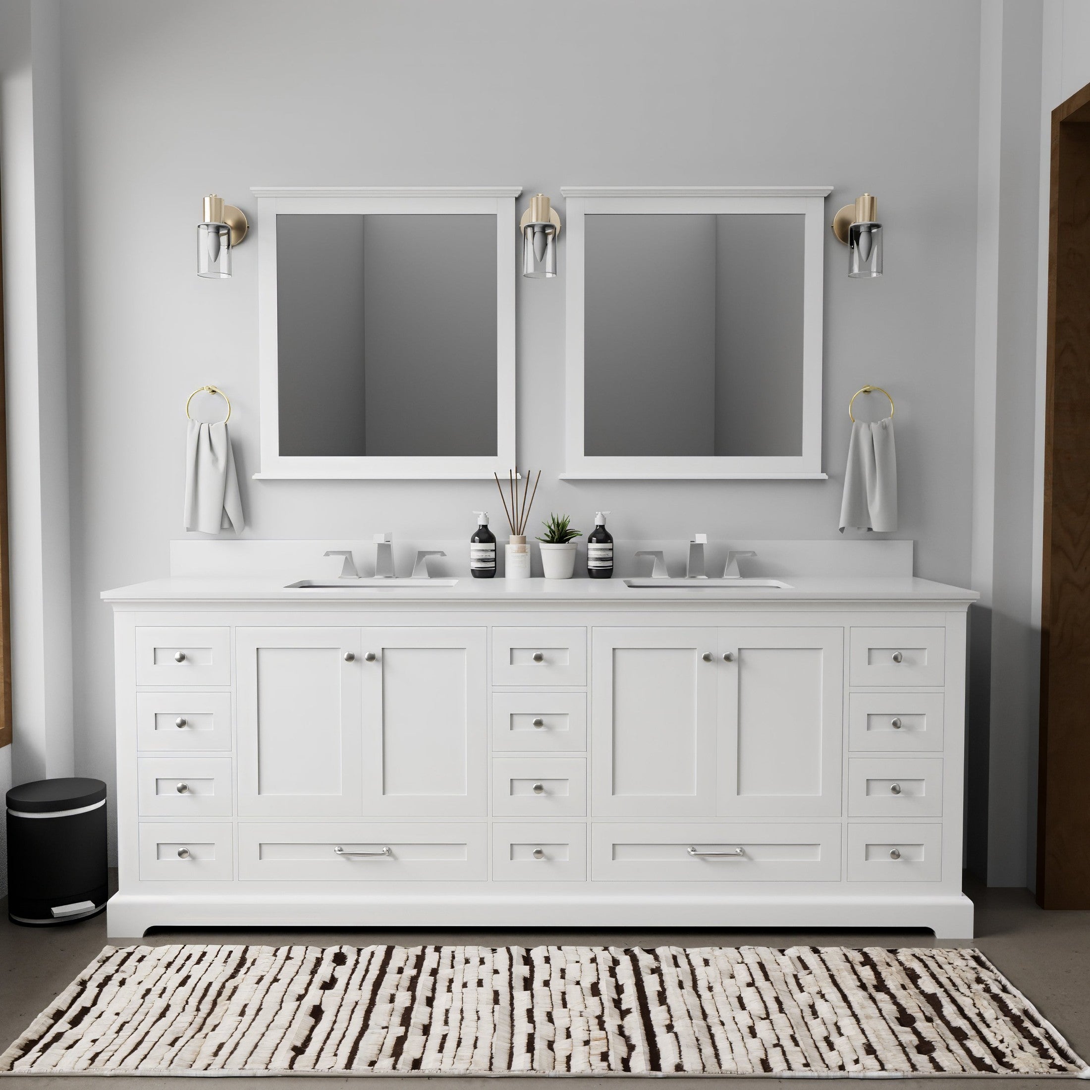 White Double Bath Vanity 84 in. W x 22 in. D, White Quartz Top, and Faucet Set
