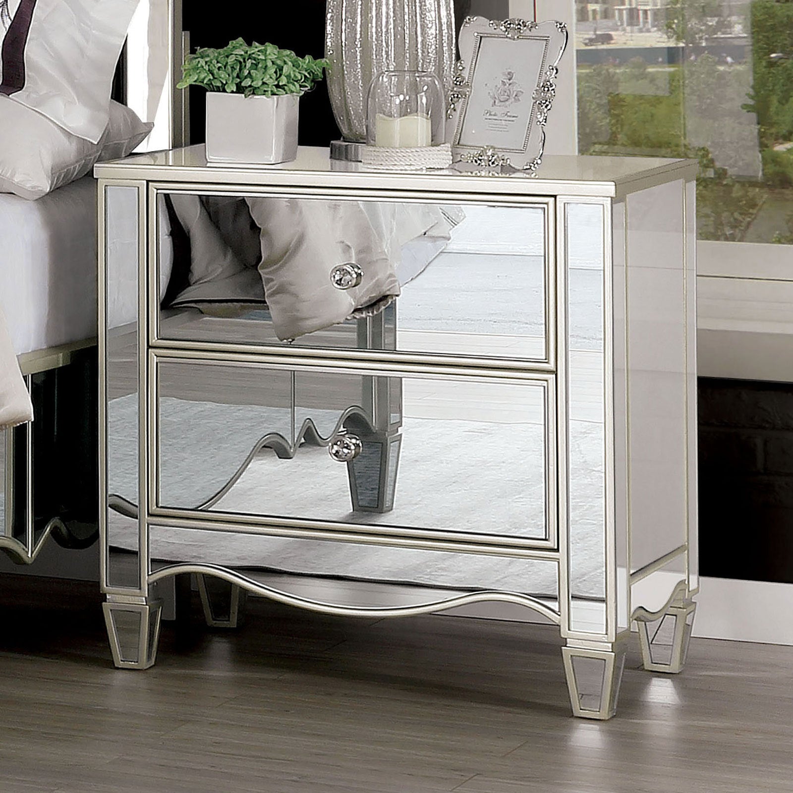 Glam Silver Finish 1pc Nightstand Mirror Panels Ornate Accents Curved Feet Crystal Drawer Knobs Bedside Table Bedroom Furniture