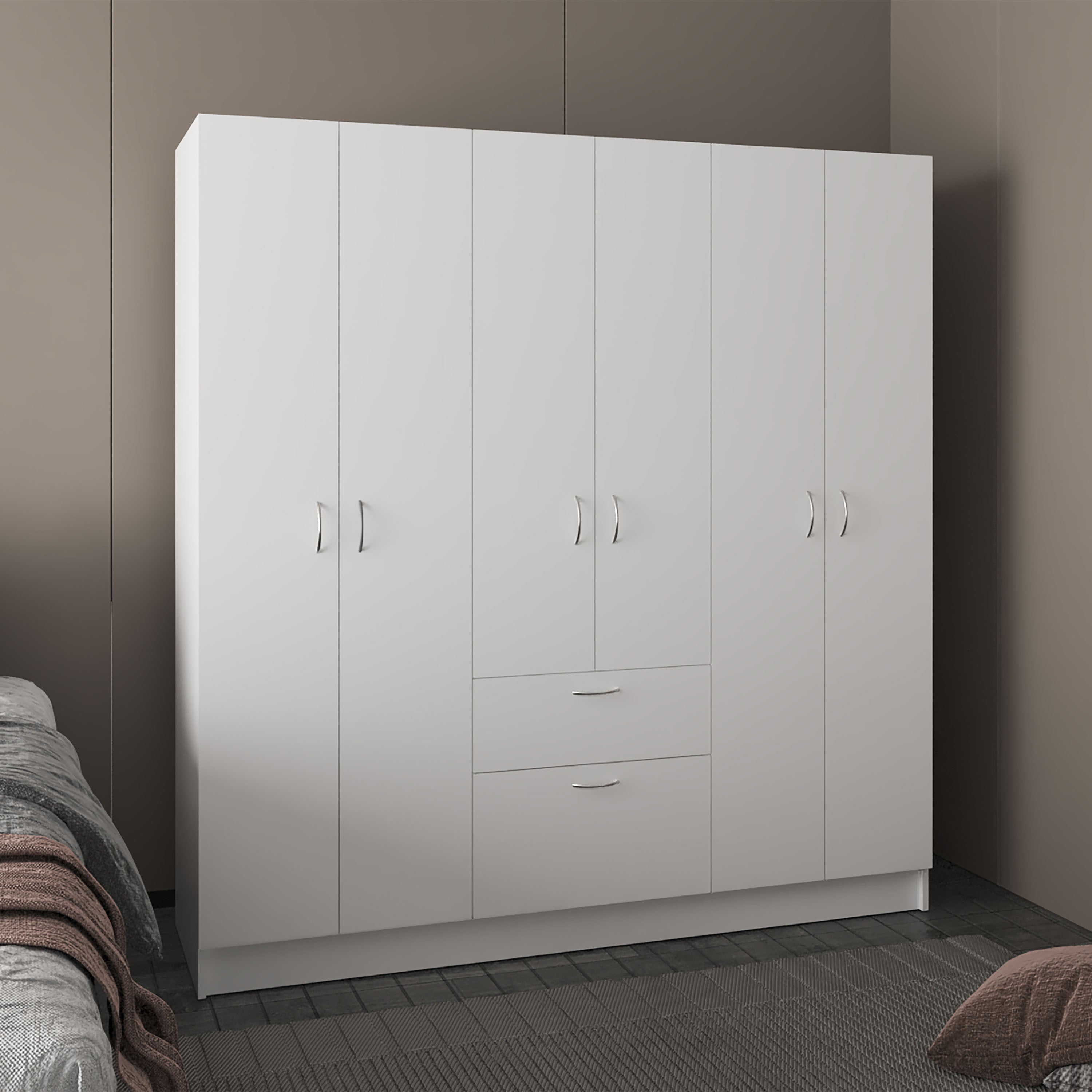 Mitu Six Doors Armoire, Seven Interior Shelves, One Drawer, Rod White