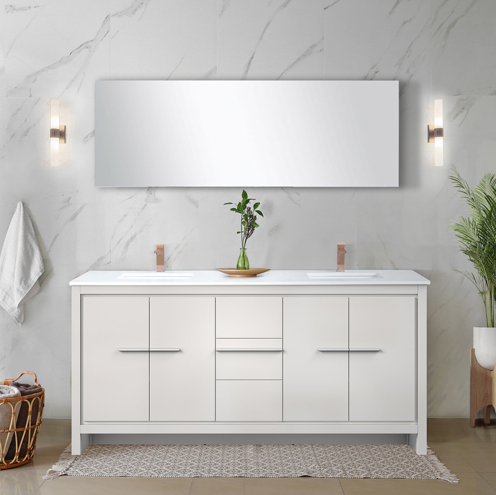 White Double Bath Vanity 72 in. W x 20 in. D, Cultured Marble Top and Rose Gold Faucet Set