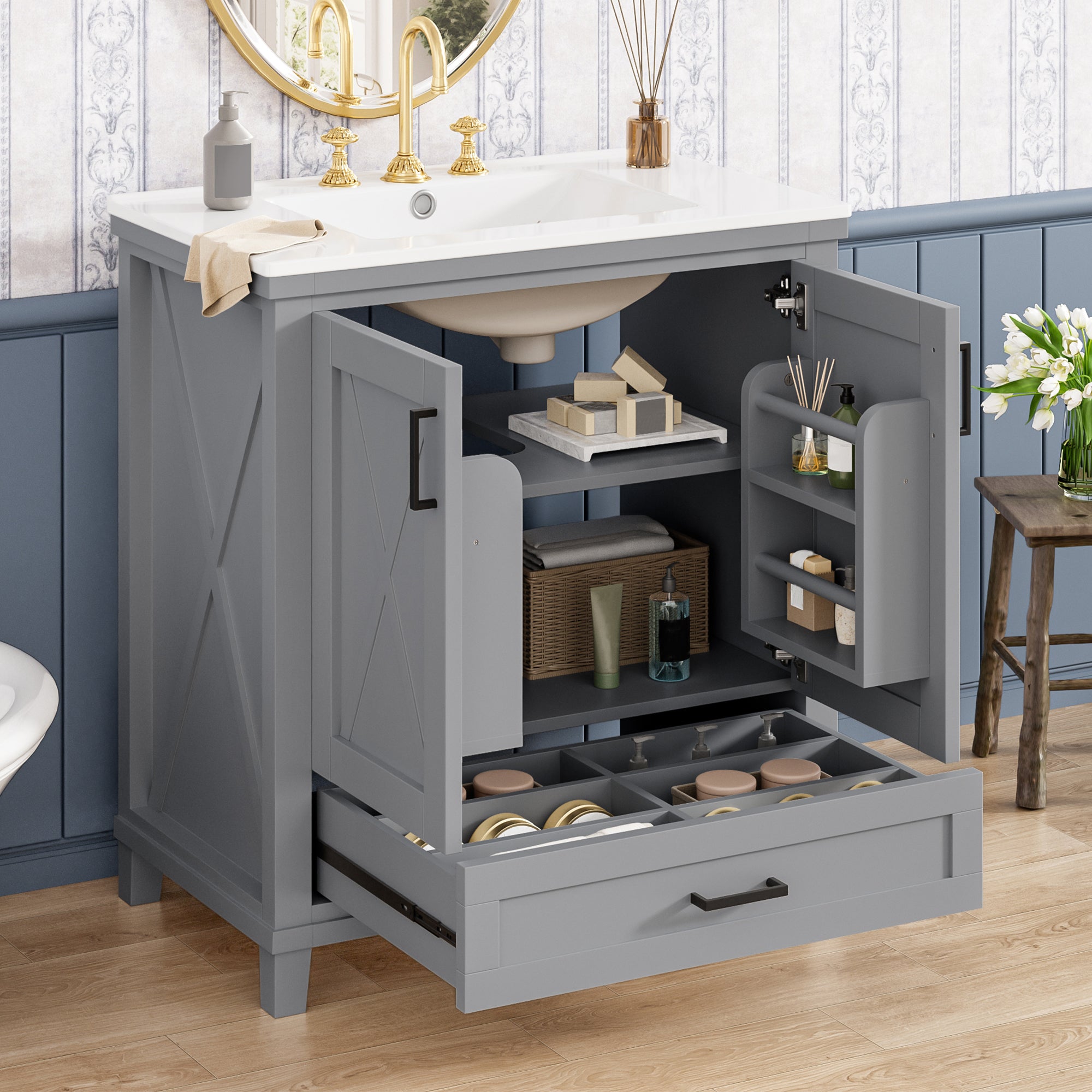 30-inch Bathroom Vanity with Single Sink, Solid Wood Frame + MDF, 2 Soft-Close Doors, 1 Divided Drawer, Dual Storage Shelves, Ample Storage Space, Ideal for Small to Medium Bathrooms