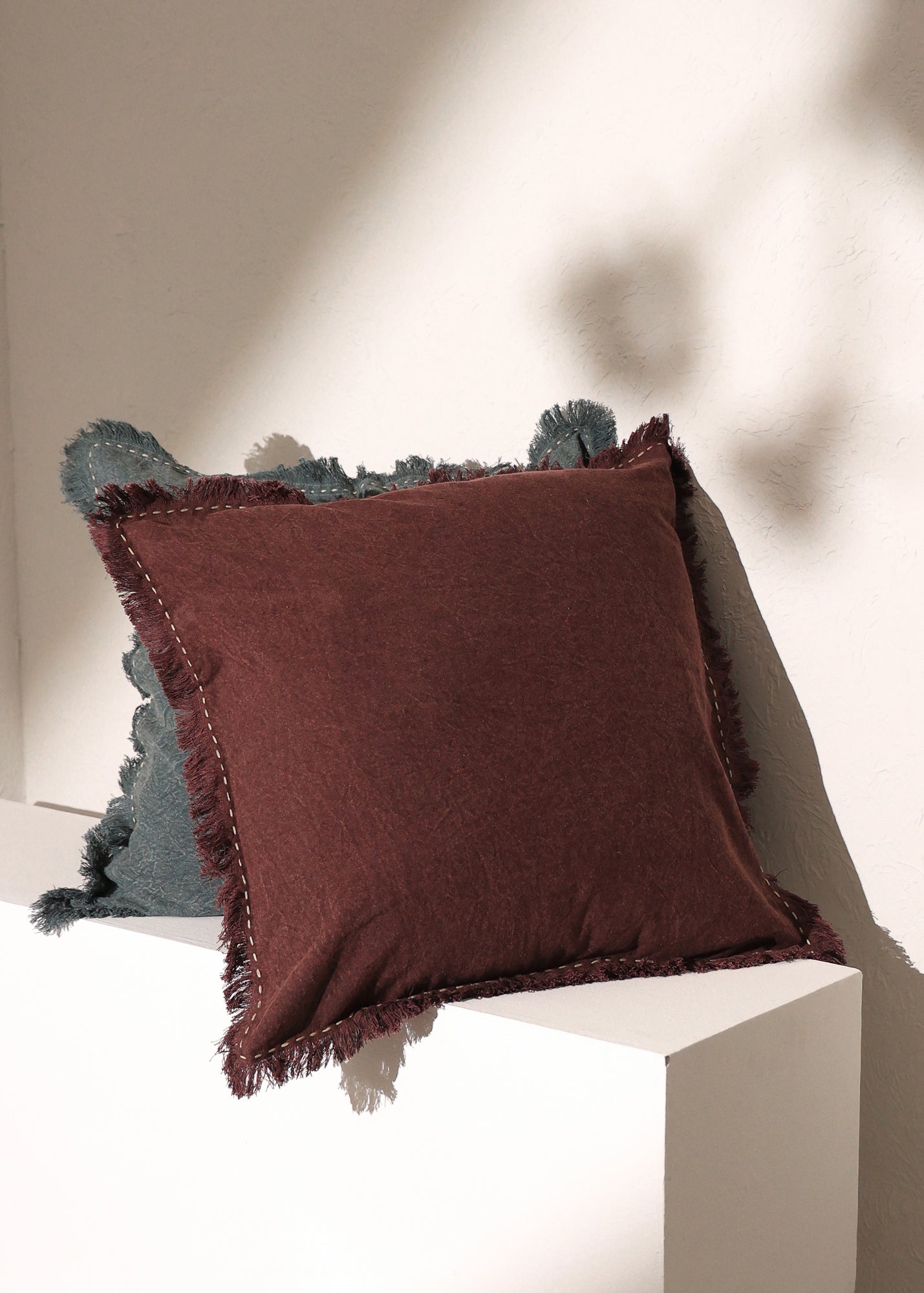 Stonewashed Linen Throw Pillow with Handworked Edges & Fringe -22X22'
