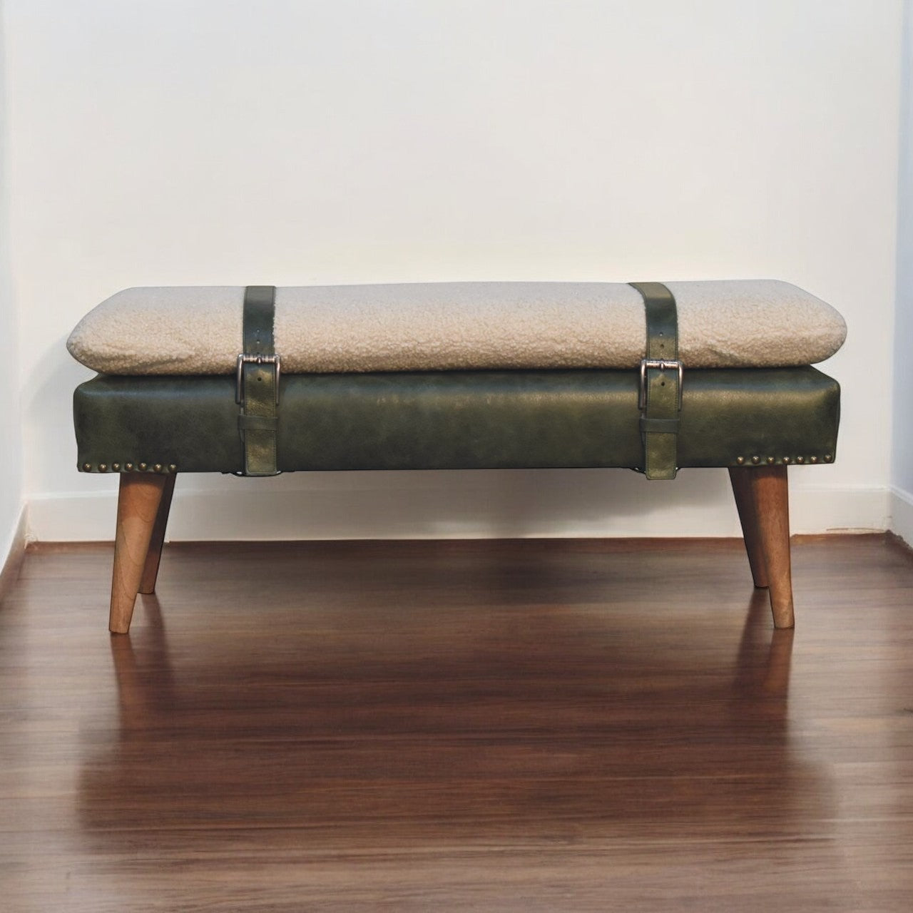 Bouclé Buffalo Hide Olive Green Leather Bench, Nordic Legs,