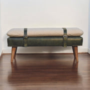 Bouclé Buffalo Hide Olive Green Leather Bench, Nordic Legs,