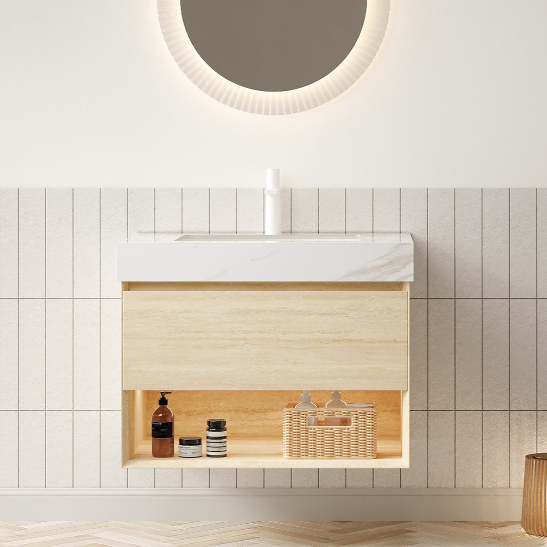 FRIGGA 30' Bathroom Vanity&Sink, Floating Plywood Storage Cabinet, Drawer&Shelf with Sensor Light, Ceramic Undermount Basin&Calacatta Gold Sintered Stone Top, Pre-assembled, Travertine Texture Finish
