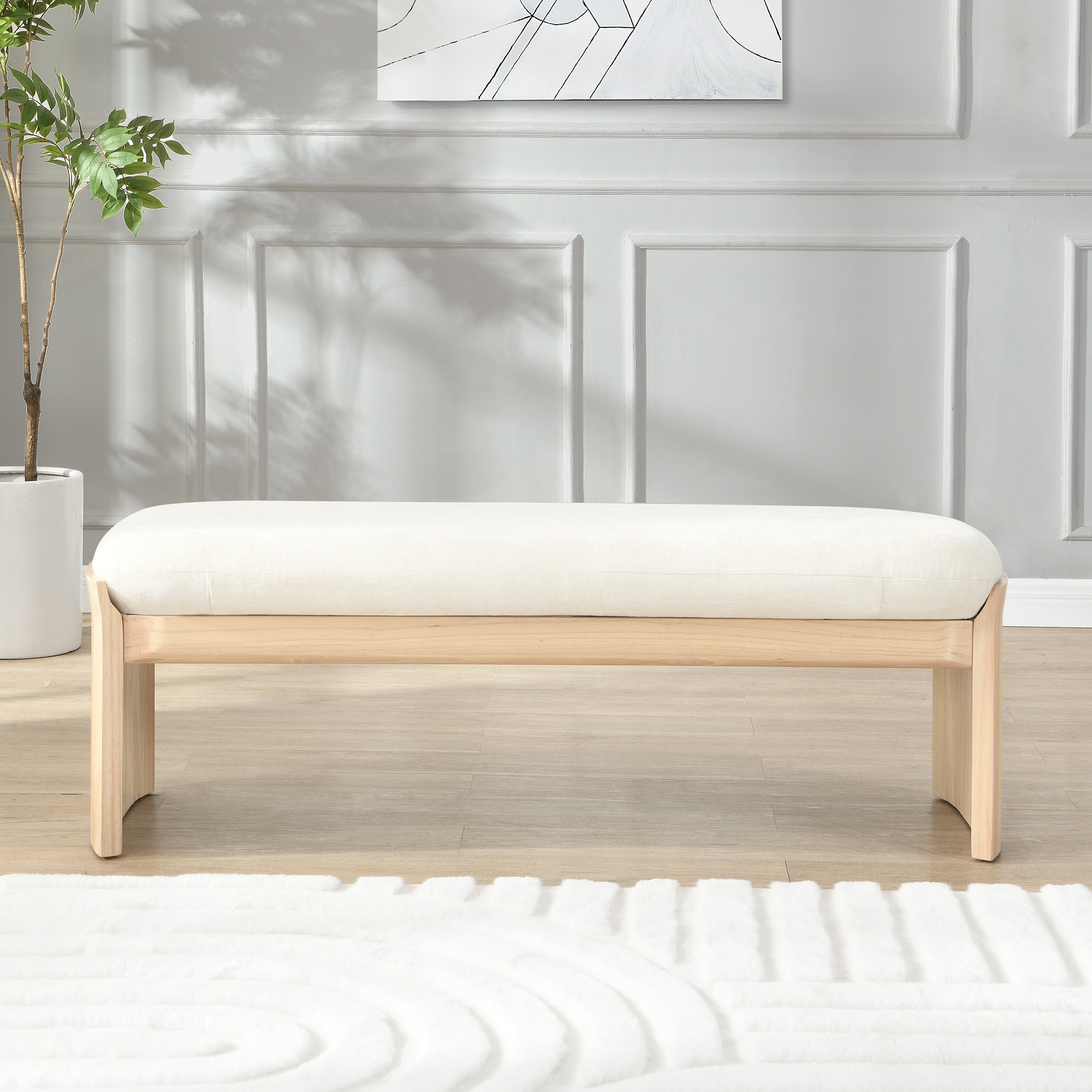 51.5 Inch Beige Rubber Wood Footstool For Bedroom and Living Room