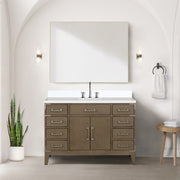 Grey Oak Single Bath Vanity 48 in. W x 22 in. D, White Quartz Top, and Faucet Set