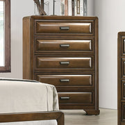 Transitional Style Chest 1pc English Dovetail Drawers Center Metal Glides Cup Handles Bracket Legs Brown Finish Bedroom Furniture