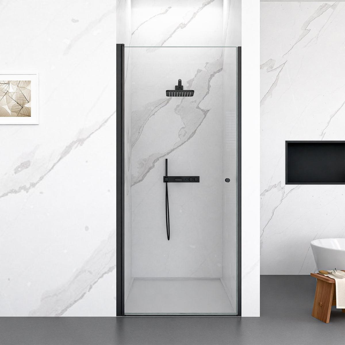 34'W x 72'H Frameless Circular Pivot Shower Door in Matte Black With 1/4' (6mm) Thick SGCC Tempered Glass