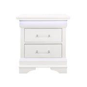 Charlston Contemporary Nightstand with LED Lighting and Two Spacious Drawers in White Solid Wood and MDF
