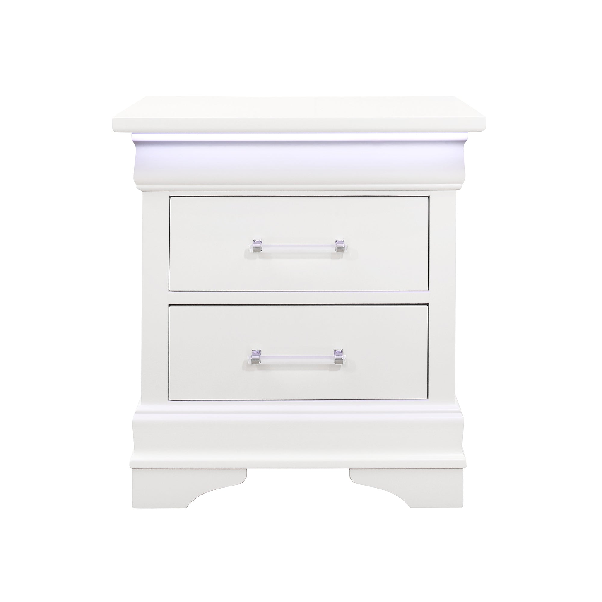 Charlston Contemporary Nightstand with LED Lighting and Two Spacious Drawers in White Solid Wood and MDF