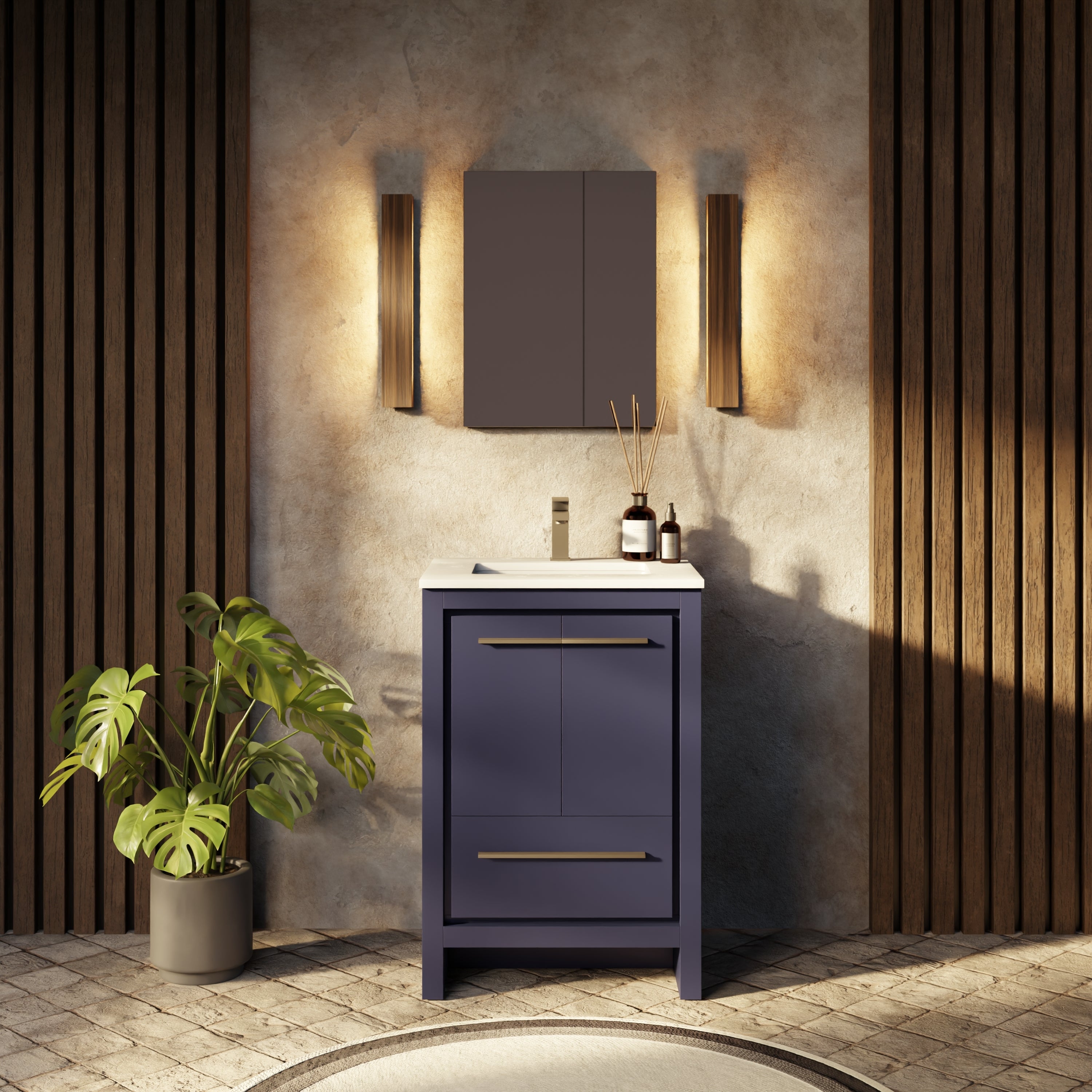 Navy Blue Bath Vanity 24 in. W x 20 in. D, with White Quartz Top