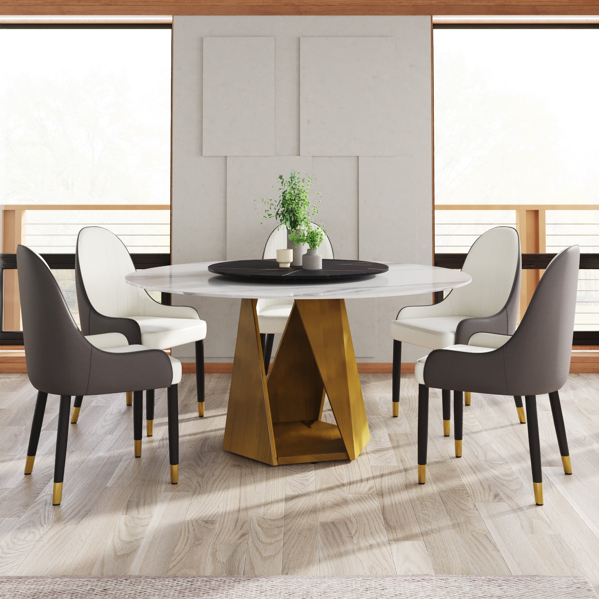 59.05' Round Marble Dining Table with Bronze Iron Metal Base, Artificial Marble for 6-8 People, 31.5'Black Artificial Stone Turntable,White&Black (Dining Table Only)