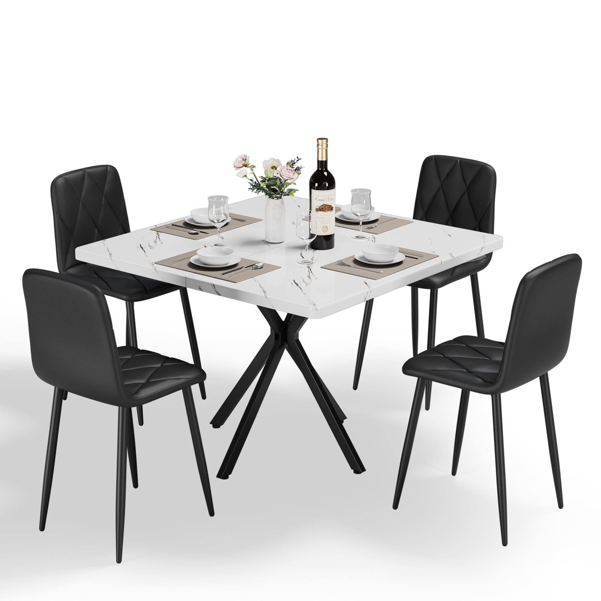 Square Dining Table Set, Mid Century Modern Square Dining Table for 4 Person, Faux Marble Tabletop, Iron Legs, Coffee Table for Kitchen Dining Room, Office, Save Space
