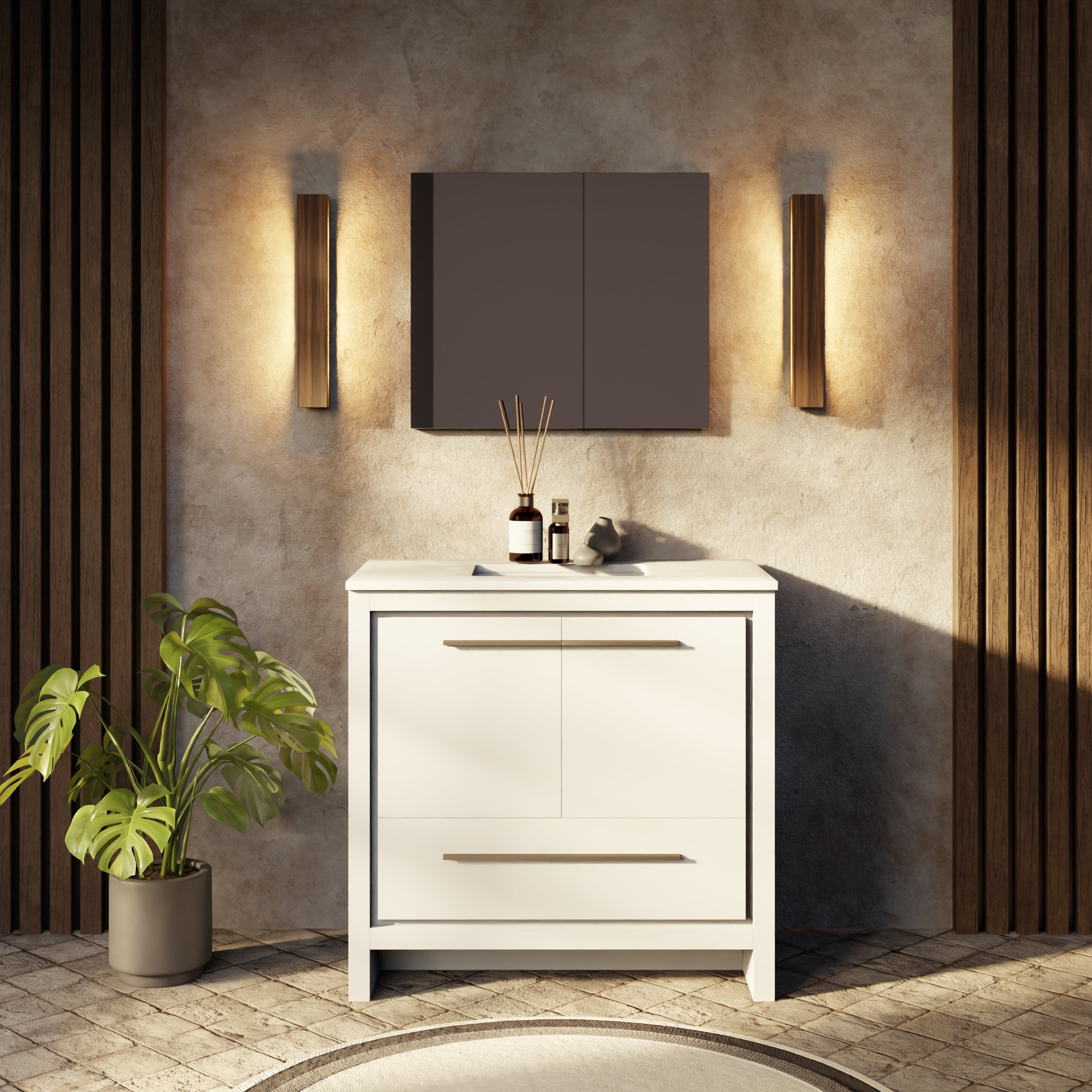 White Bath Vanity 36 in. W x 20 in. D, Cultured Marble Top and Gun Metal Faucet Set