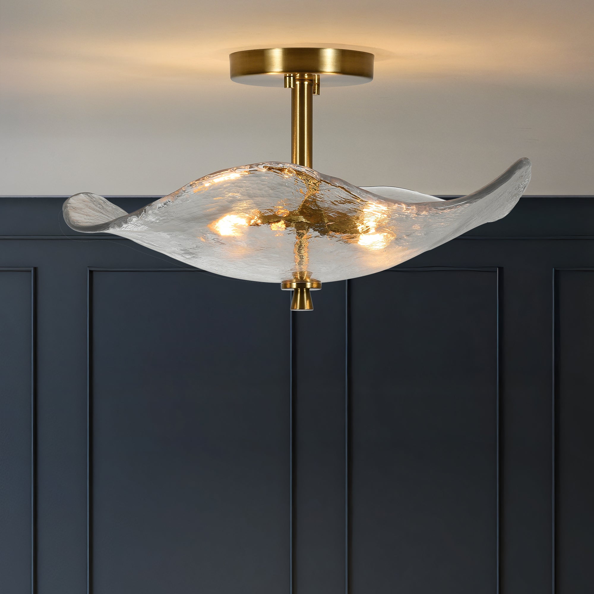 16.5' Glass Semi Flush Mount Ceiling Light Fixture, 2-Lights Close to Ceiling Light, Modern Gold Ceiling Light Fixture for Bedroom Bathroom Hallway Entryway Kitchen Dining Room
