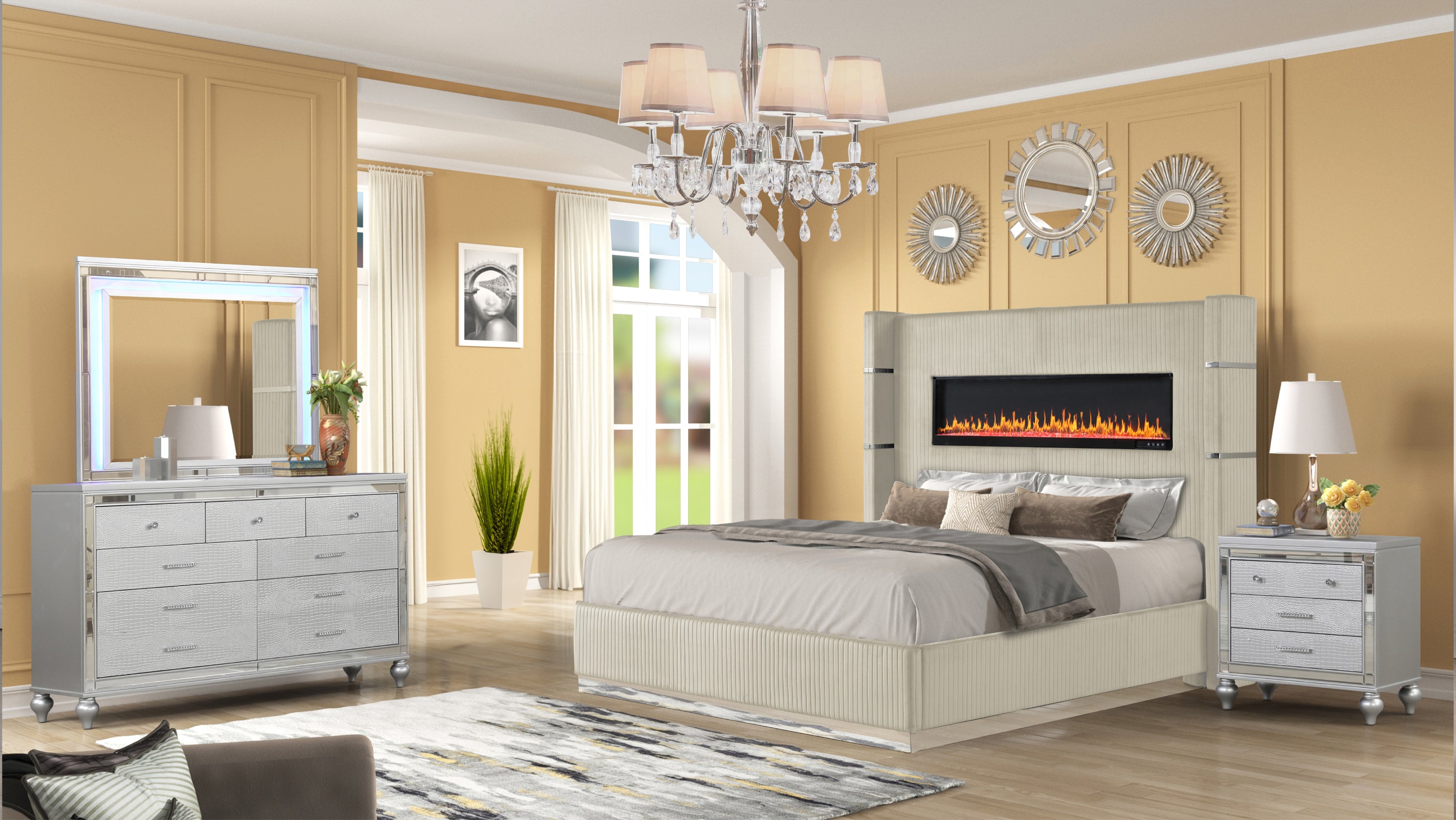 LIZZELLE Upholstery Wooden Queen 4 PC Bedroom set with Ambient lighting in Beige Velvet Finish(CA INVENTORY)