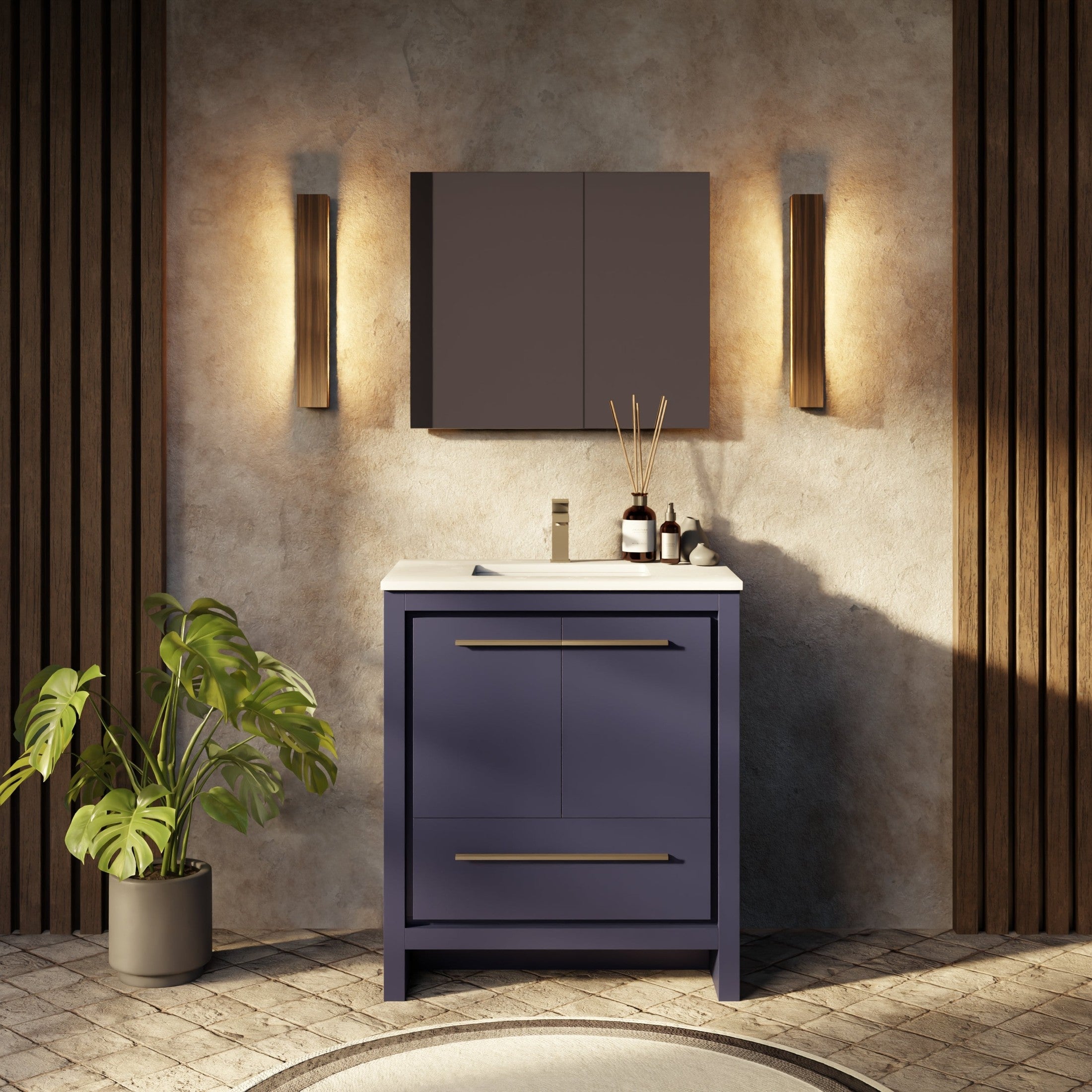 Navy Blue Bath Vanity 30 in. W x 20 in. D, Cultured Marble Top and Gun Metal Faucet Set
