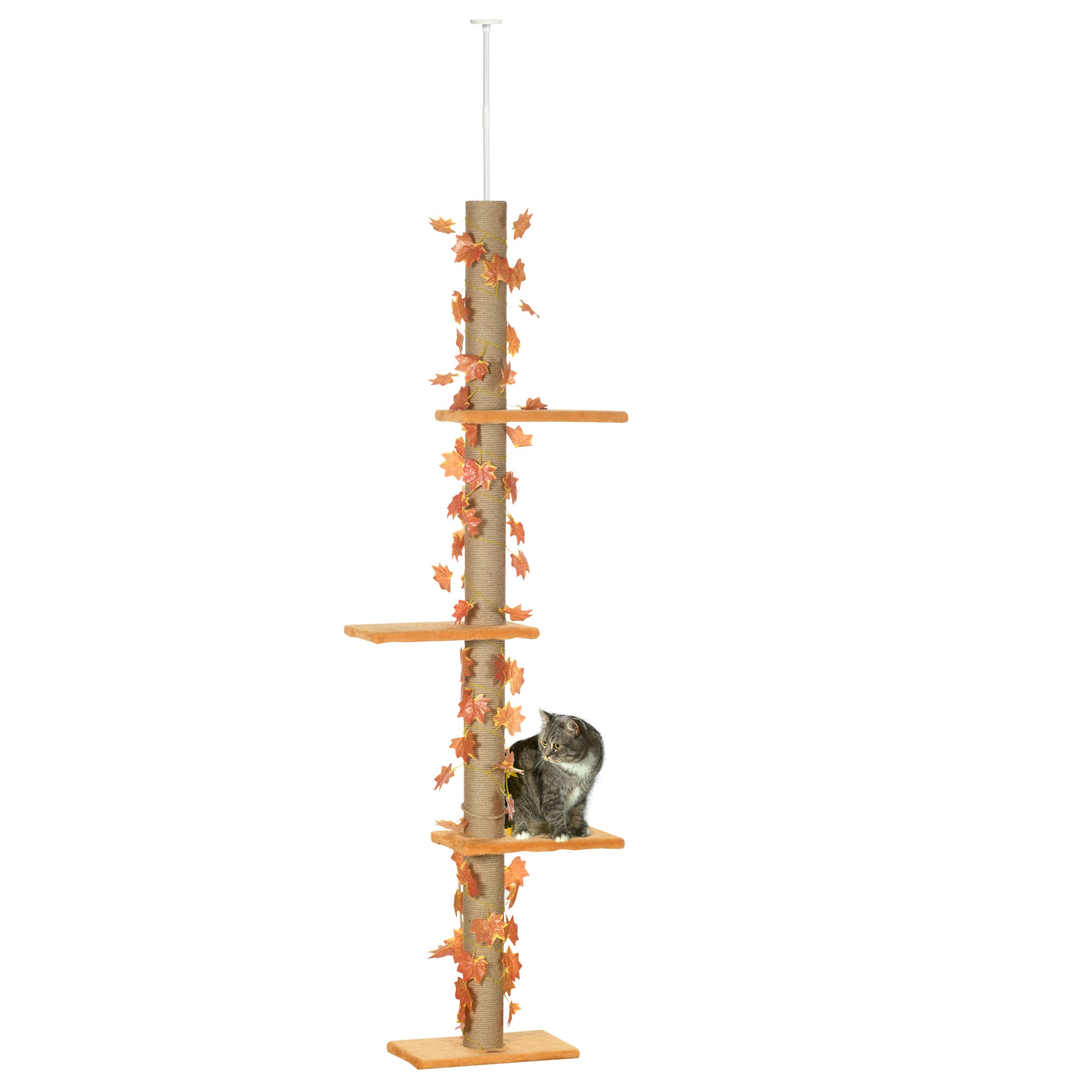 Pawhut Floor to Ceiling Cat Tree, 80' - 95' Adjustable Tall Cat Tower, 3-Level Cat Climbing Towe  for Indoor Cats with Sisal Scratching Post, Platforms, Leaves, Orange