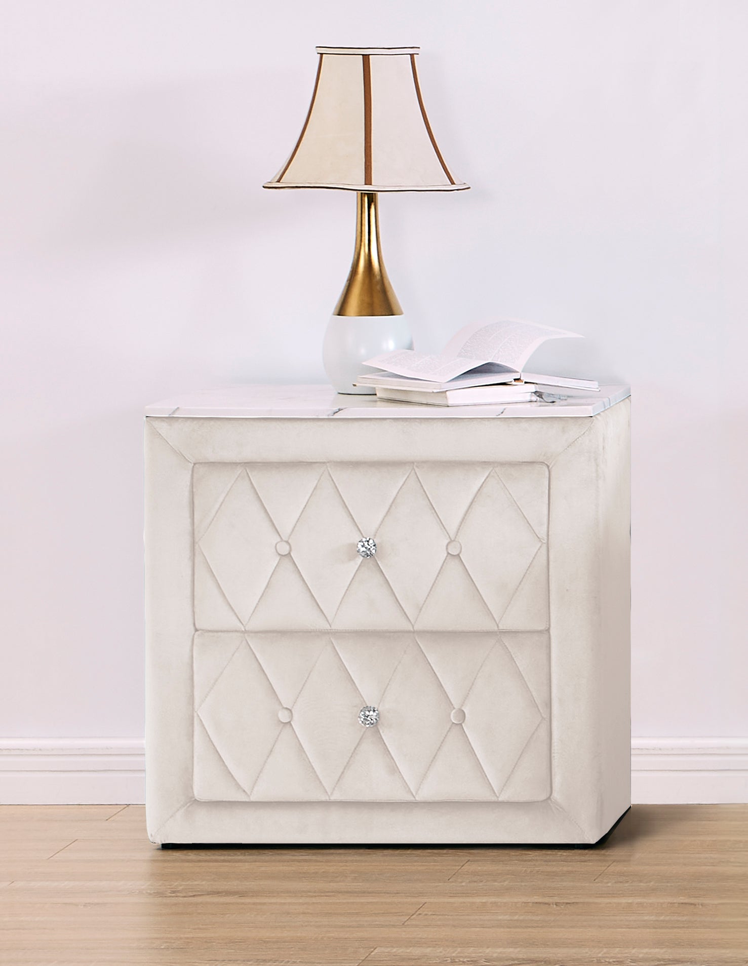 1pc Ivory Nightstand Upholstery Fabric Faux Marble Top Two Storage Drawers Wooden Bedroom Furniture