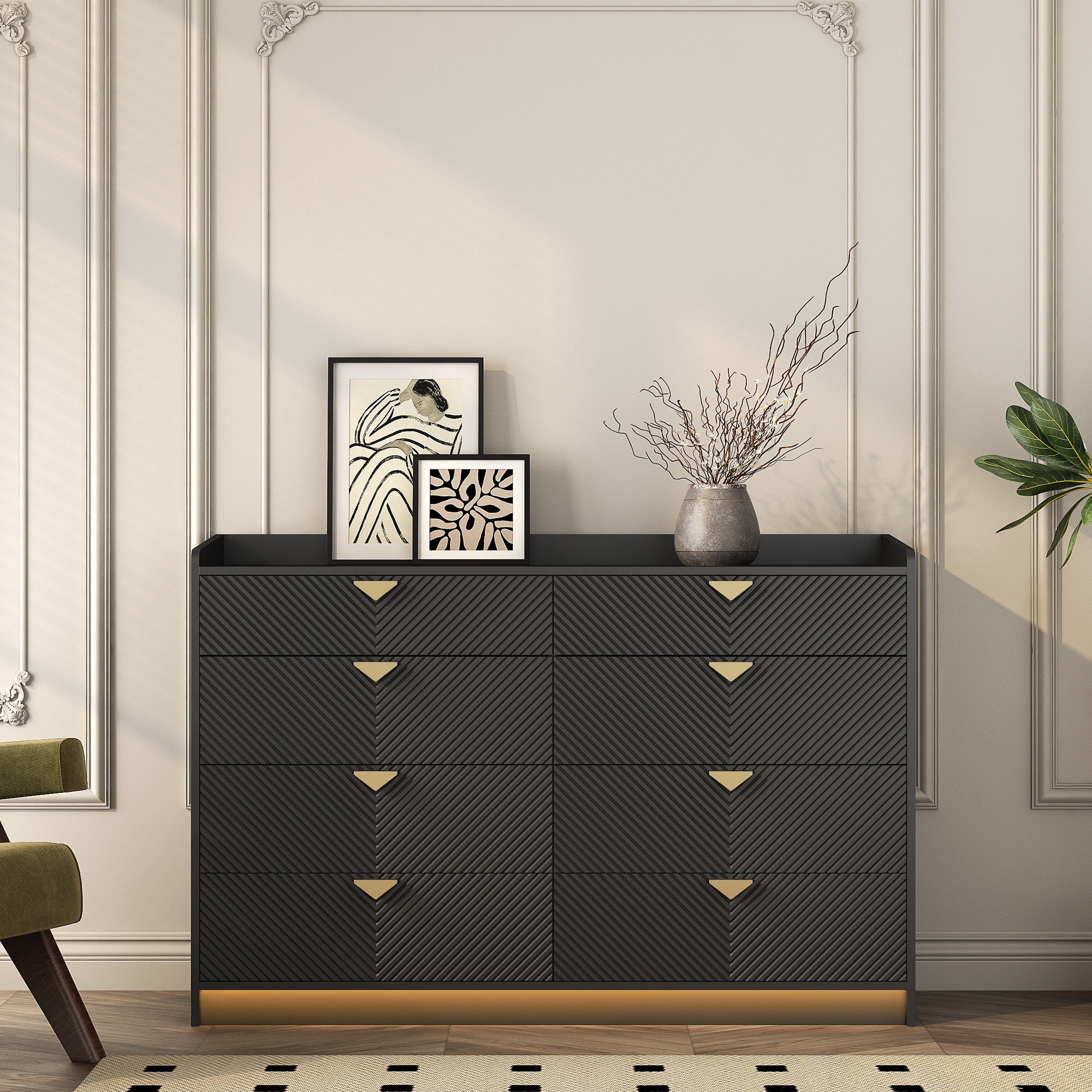 8 Drawer Double Dresser for Bedroom with LED, Modern Dressers Chest of Drawers with Fluted Panel, Wide Wood Storage Dresser Organizer, Dresser  for Bedroom, Living Room,Black