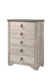 1pc Cottage Style Distressed 5 Drawer Chest Driftwood Finish Contrasting Weathered Brown Top Traditional Ring Pull Hardware Wooden