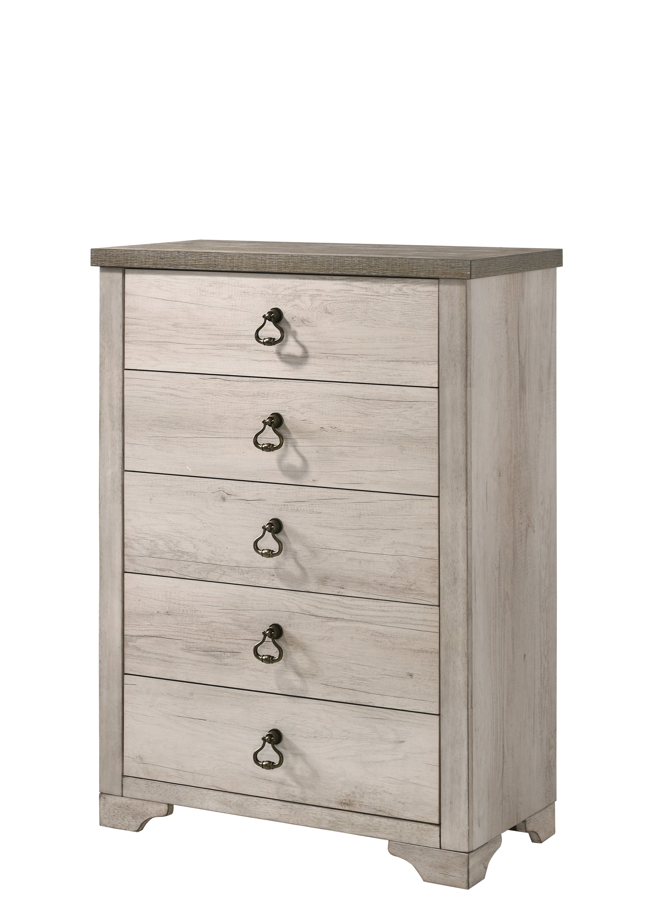 1pc Cottage Style Distressed 5 Drawer Chest Driftwood Finish Contrasting Weathered Brown Top Traditional Ring Pull Hardware Wooden
