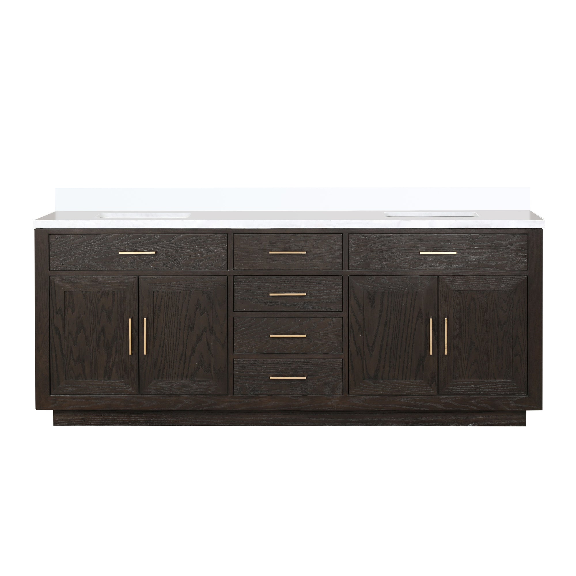 Brown Oak Double Bath Vanity 84 in. W x 22 in. D, with White Quartz Top