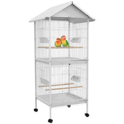 PawHut Wrought Metal Bird Cage Feeder with Rolling Stand Perches Food Containers Doors Wheels 67' H, White