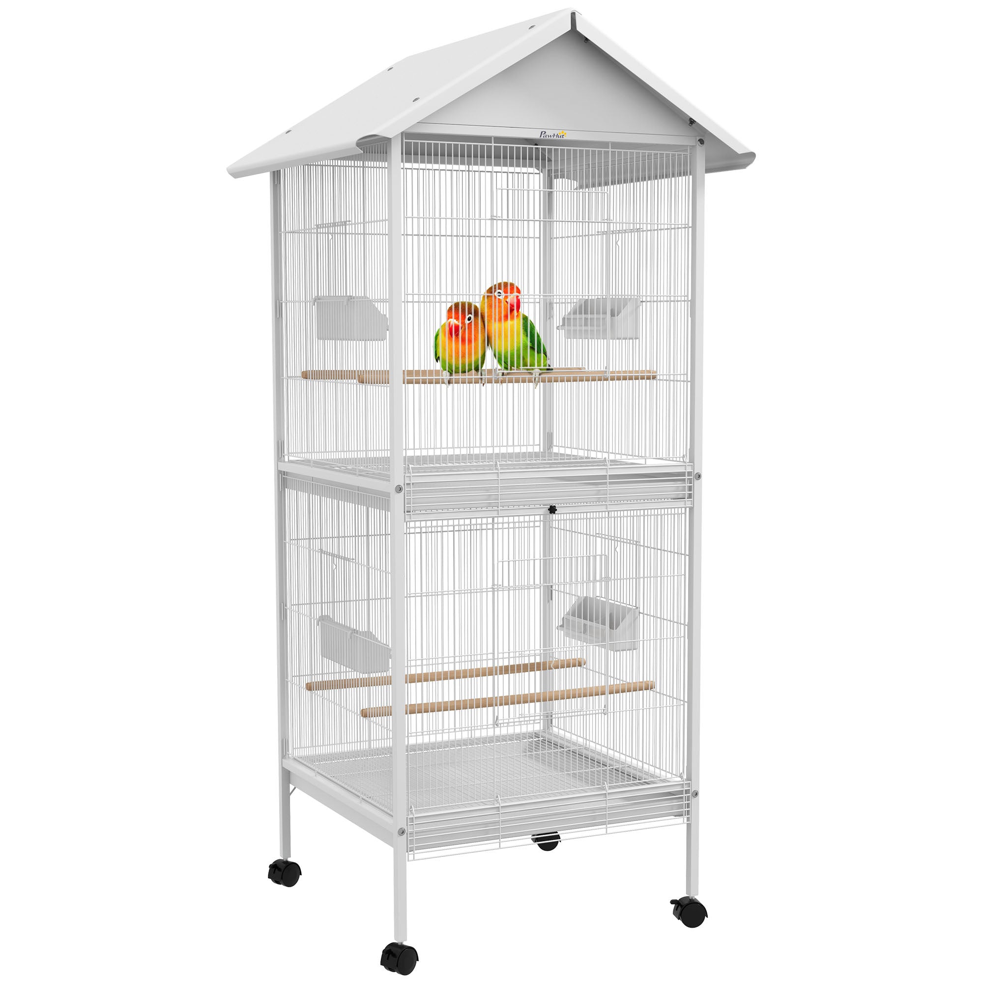 PawHut Wrought Metal Bird Cage Feeder with Rolling Stand Perches Food Containers Doors Wheels 67' H, White