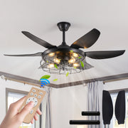 52' Modern Black Ceiling Fan with Light, 6 Fan Blades and Industrial Cage Design, Adjustable Speed for Living Room, Bedroom, Dining Room (Silent/6-Speed/Reversible/DC Motor) (Bulb Not Included)