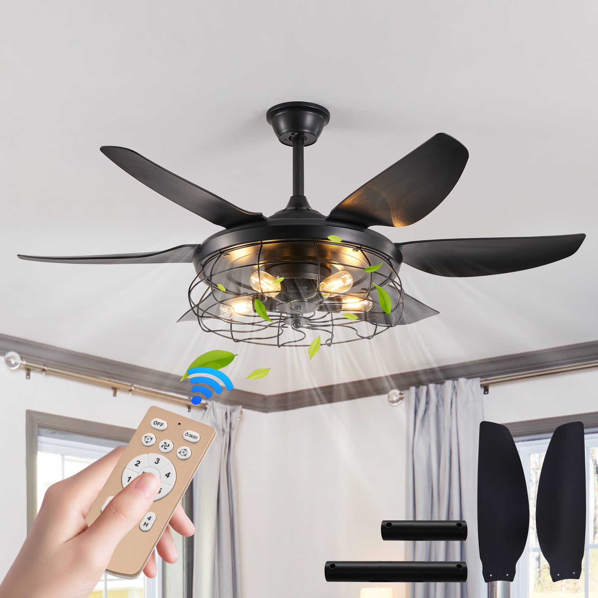 52' Modern Black Ceiling Fan with Light, 6 Fan Blades and Industrial Cage Design, Adjustable Speed for Living Room, Bedroom, Dining Room (Silent/6-Speed/Reversible/DC Motor) (Bulb Not Included)