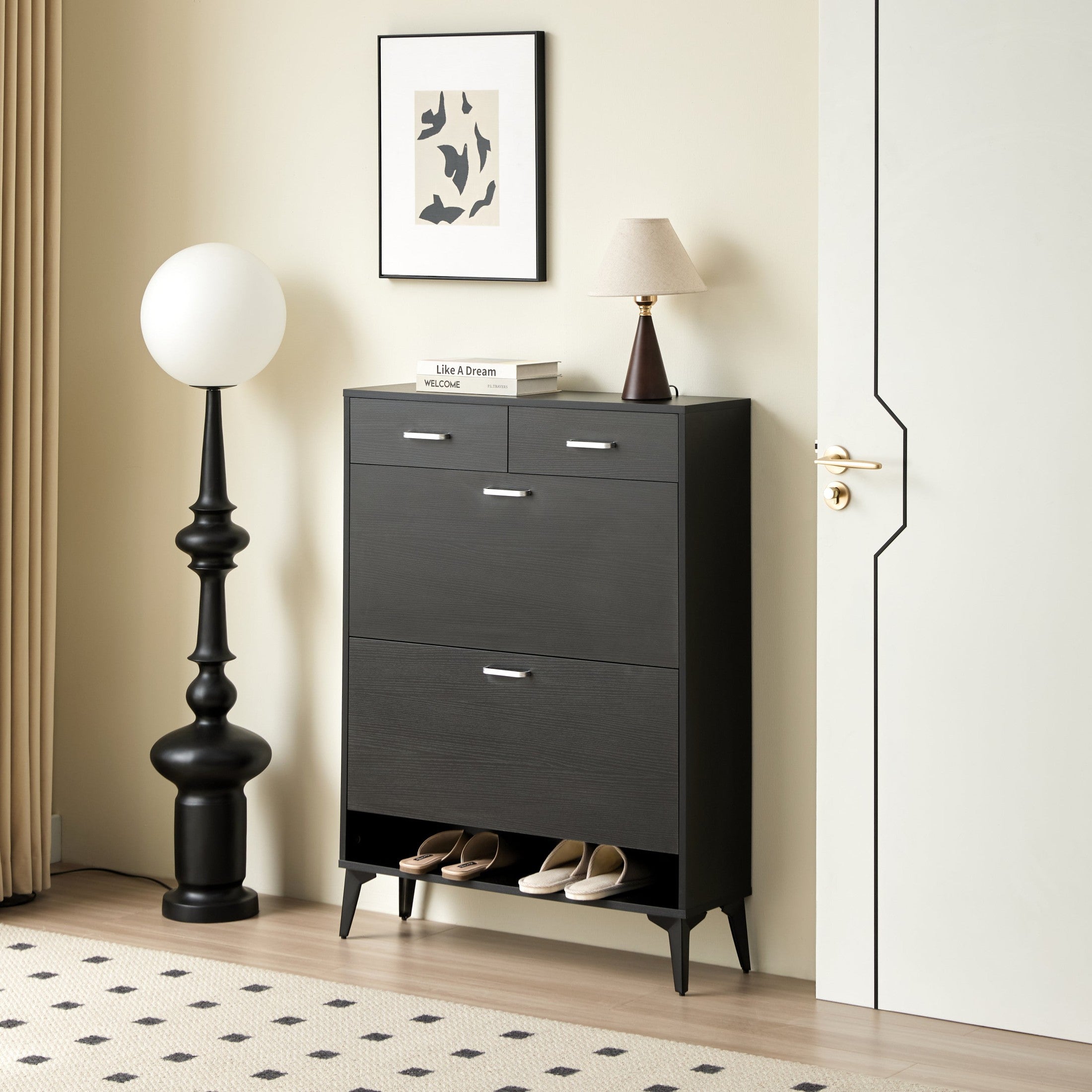Large size Shoe Cabinet,Free Standing Tipping Bucket Shoe Rack Organizer with 2 Flip Drawers&2 Drawer,Modern Tipping Bucket for Entryway, Hallway, Bedroom-black