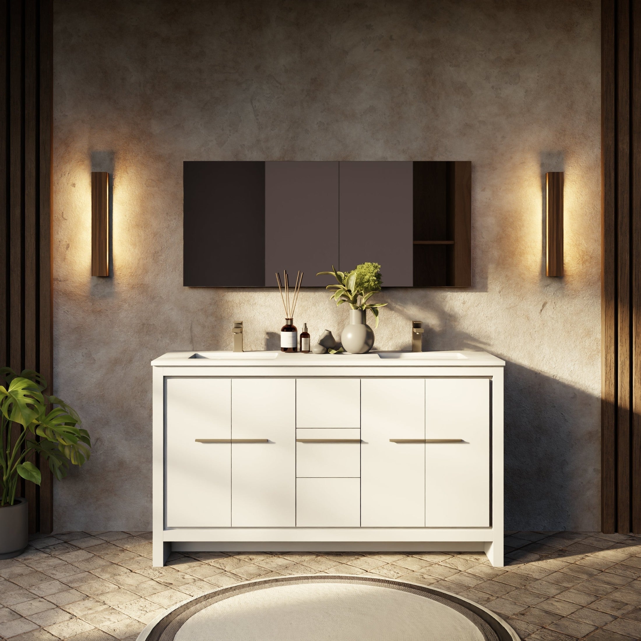 White Double Bath Vanity 60 in. W x 20 in. D, White Quartz Top and Gun Metal Faucet Set