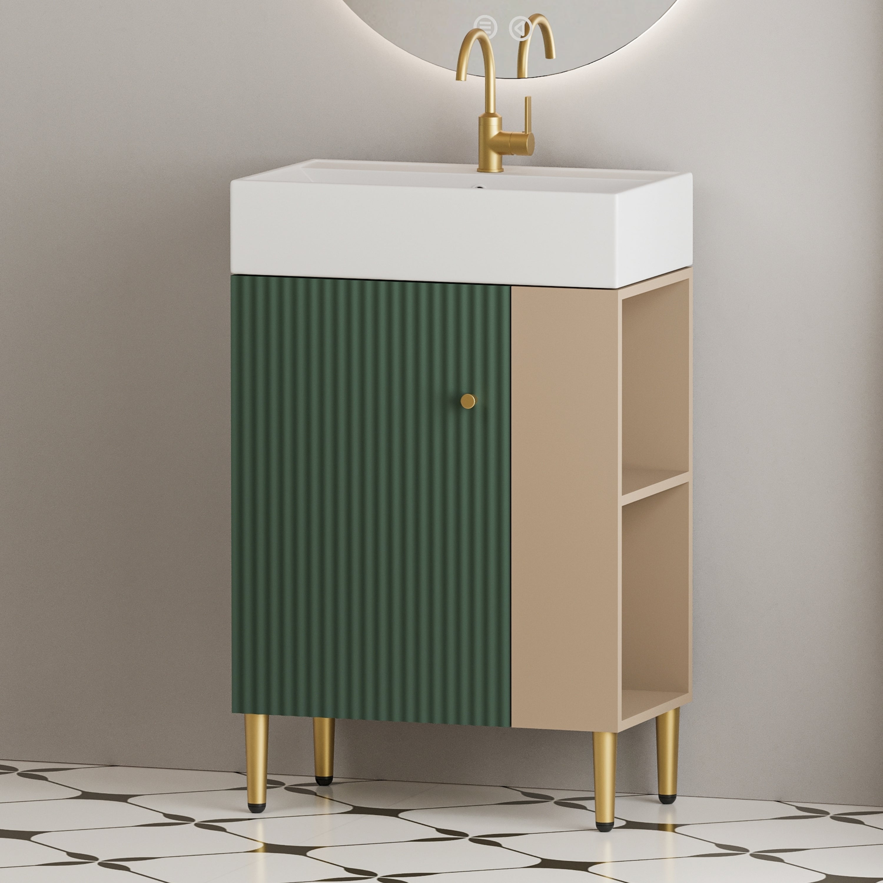 21.6' Open-shelving Bathroom Vanity with Ceramic Sink Soft-Closing Door, Cloakroom Open Shelf Storage Cabinet on the Right Side, Assembly Required, Green 24VB06-21LVR ***CONTACT SELLER FOR STOCK***