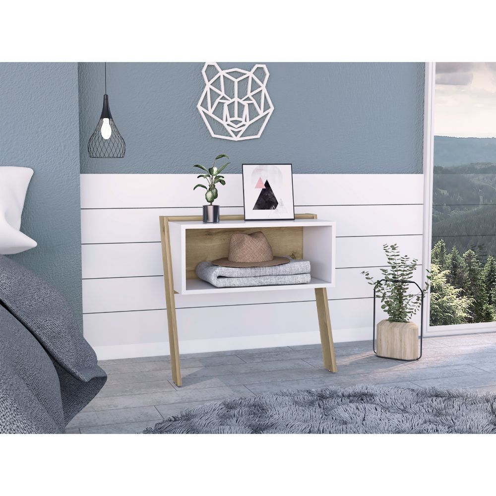 Nightstand 24'H, Two Legs, One Shelf, Superior Top, Light Oak / White