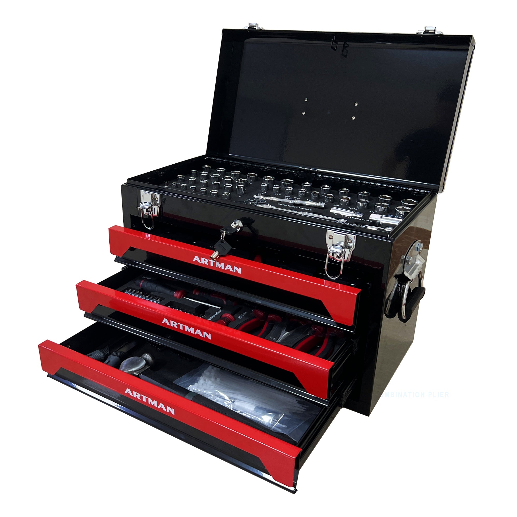 20'' Portable 3-Drawer Steel Toolbox, 4 Layers of Tools with Metal Latches, with Top Storage Tray and carrying Handle, Multi-Function Tool Storage for Garage, Home, or Workbench, Black and Red