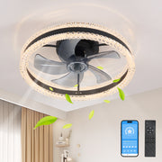 20' Luxury Double Ring LED Ceiling Fan with Light – Modern Flush Mount Design, Hidden Blades, Dimmable Lighting & Remote Control, Low Profile Silent Fan for Bedroom, Living Room (Black)