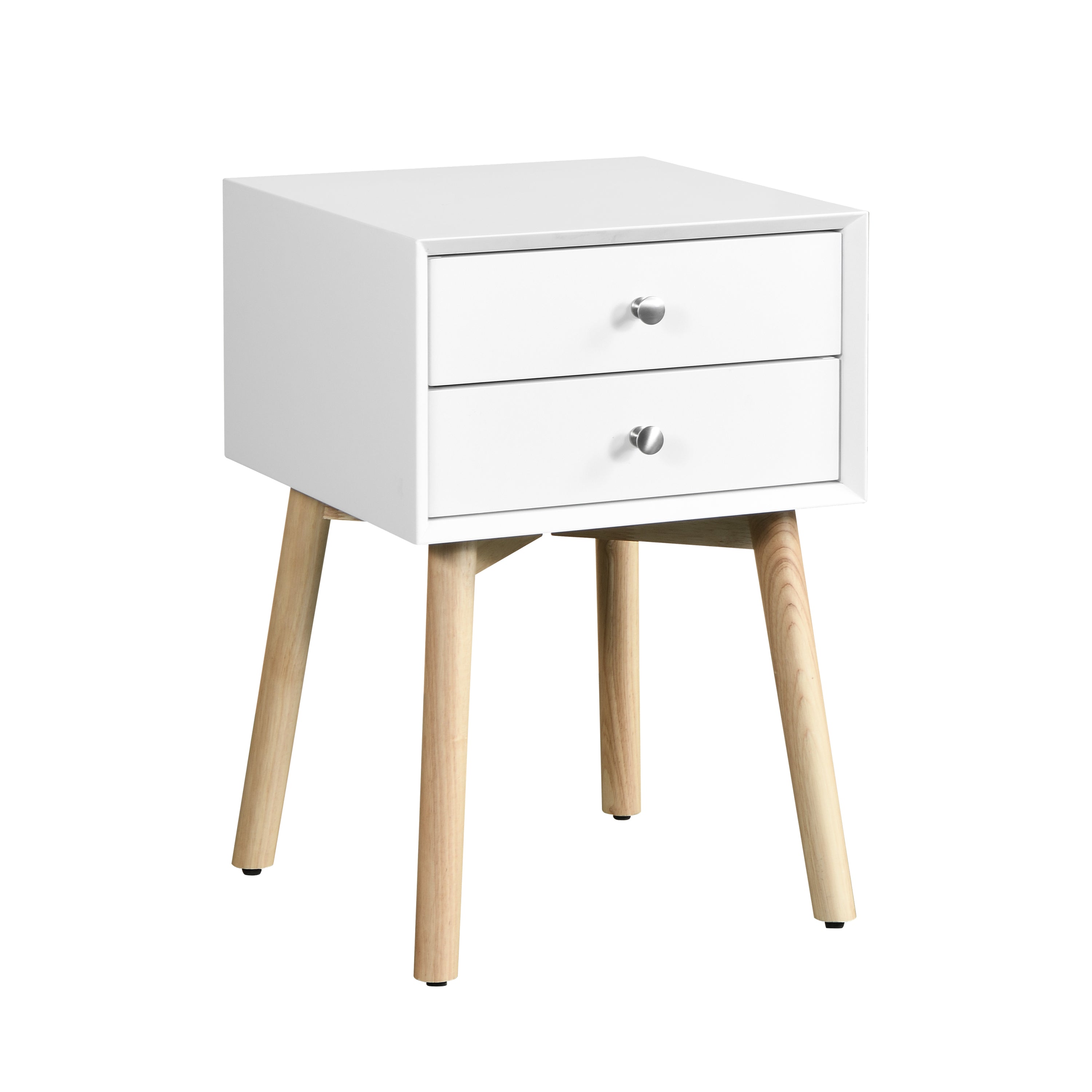 Mid-Century Modern Side Table with 2 Drawers and Rubber Wood Legs, White, MDF, 15.75x15.75x24.02 inches
