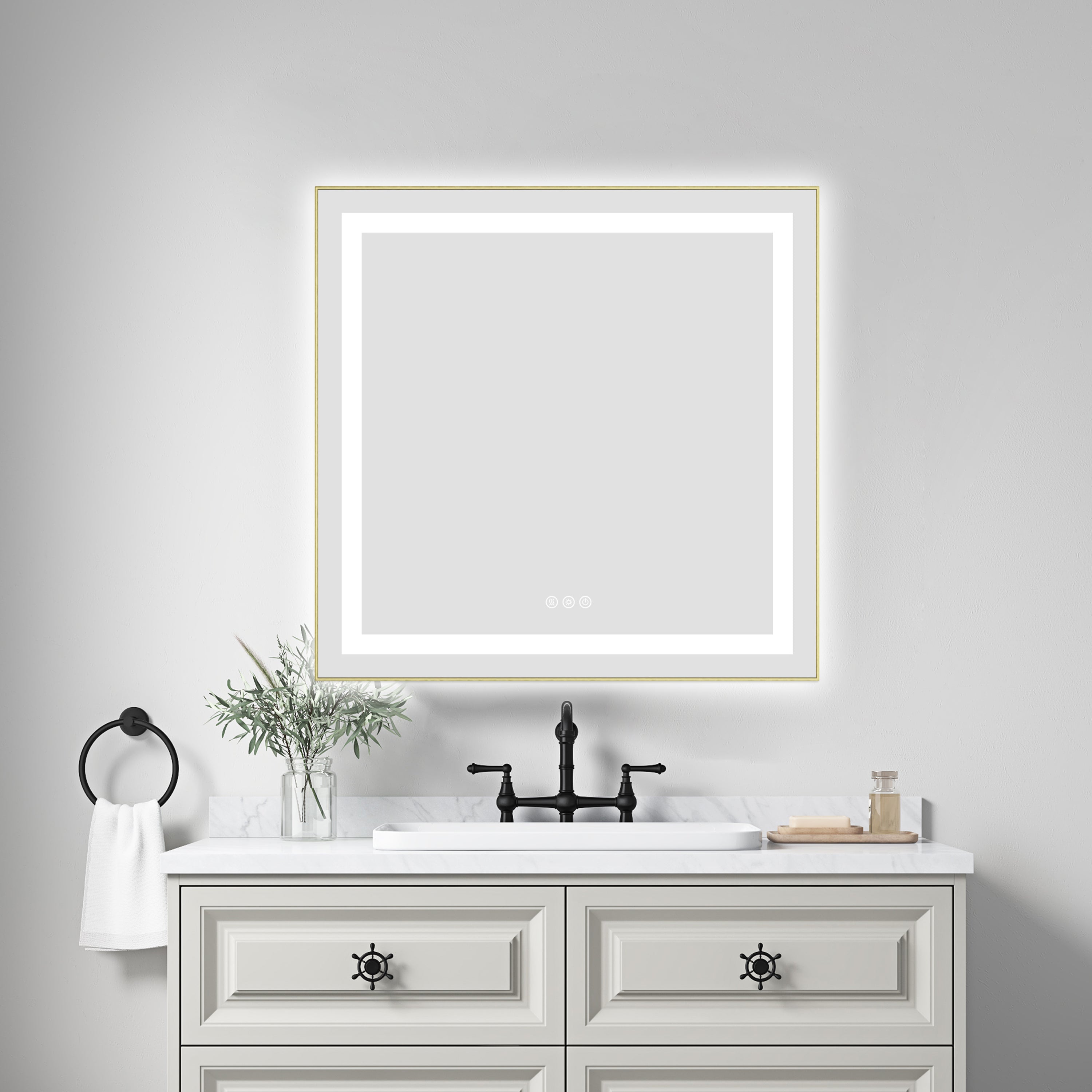 30' x 30' LED Bathroom Mirror with Front and Backlight, Wall Mounted Vanity Mirror with Aluminum Frame, Anti-Fog, Memory, 3 Colors, Stepless Dimmable