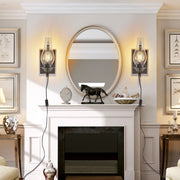 (Only Supports Plug-in) Rustic Farmhouse Wall Sconces Set of 2, Vintage Industrial Plug-in Wall Lights with Clear Glass Shade, Black and Gold Finish for Bedroom, Living Room, or Hallway (No Bulbs)