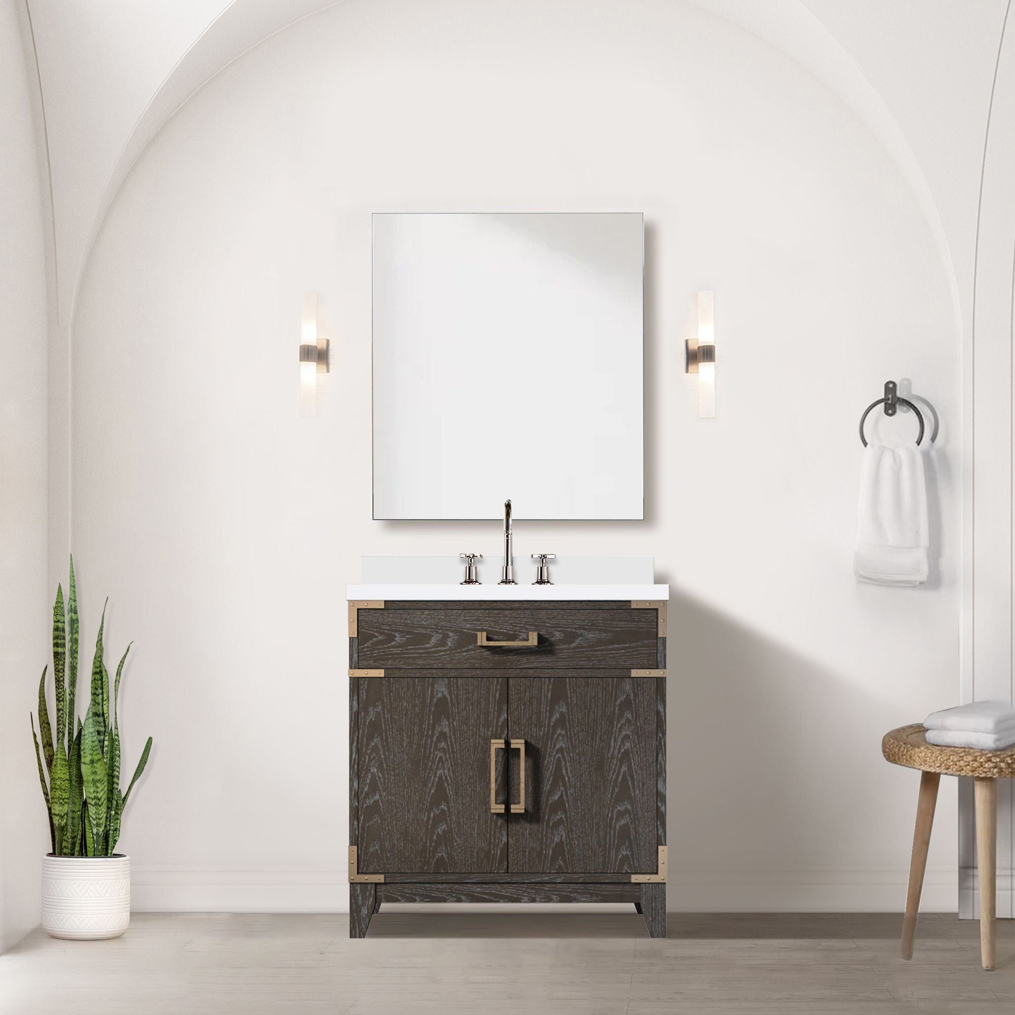 Brown Oak Single Bath Vanity 30 in. W x 22 in. D, Cultured Marble Top, and Faucet Set