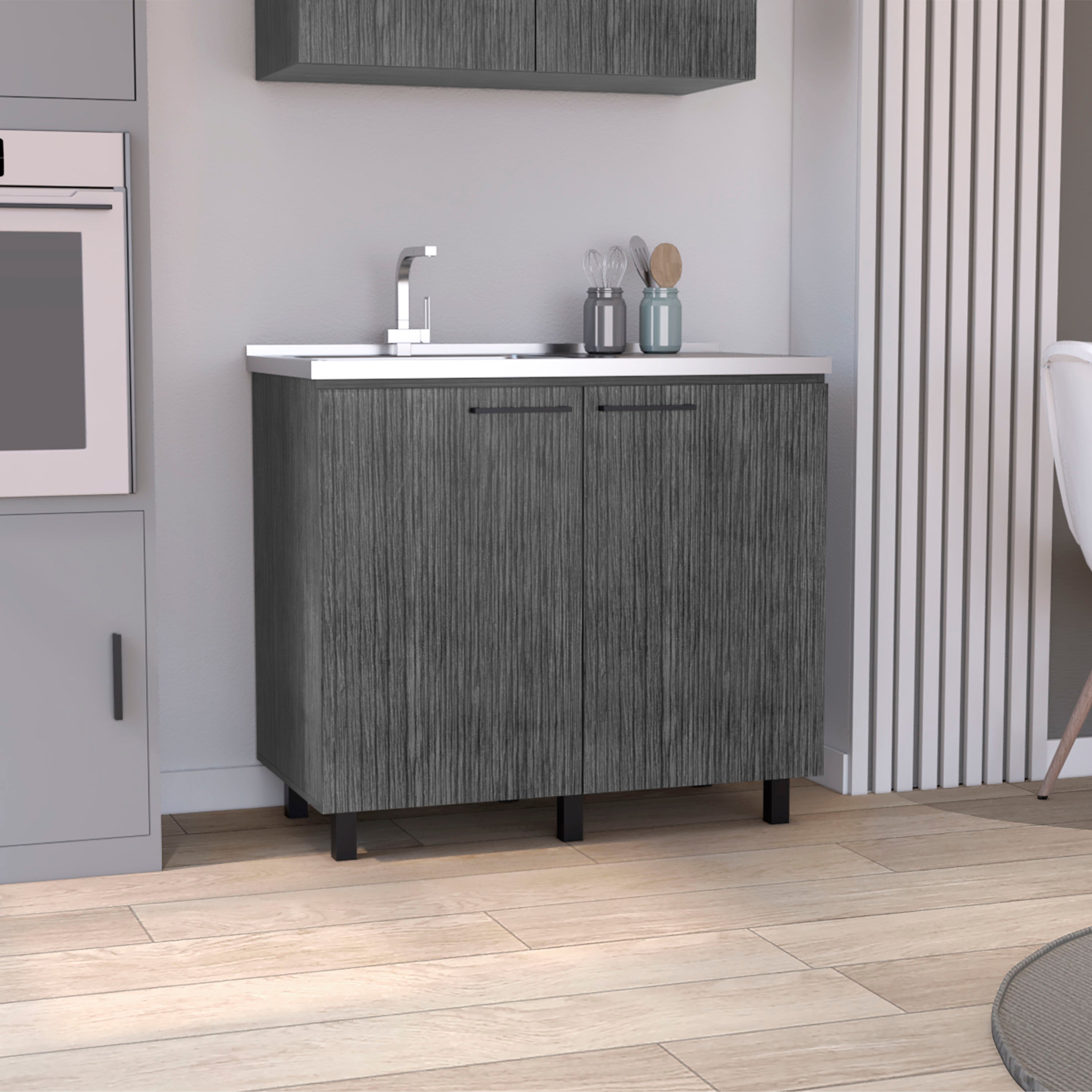 Napoles 2 Utility Sink with Cabinet, Stainless Steel Countertop, Interior Shelf Smokey Oak