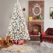 7FT Flocked Christmas Tree with 350 Warm White Incandescent Lights – Snowy Artificial Holiday Tree with 1022 Tips and Sturdy Metal Stand for Home, Office, or Apartment Decoration
