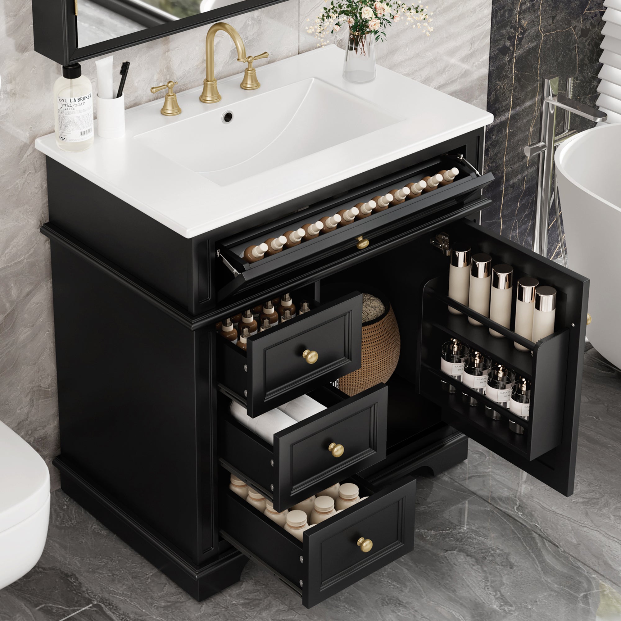 30' Bathroom Vanity with Sink, One Tip-out Drawer, Three Drawers, Door Shelf, Soft Closing Door, Black