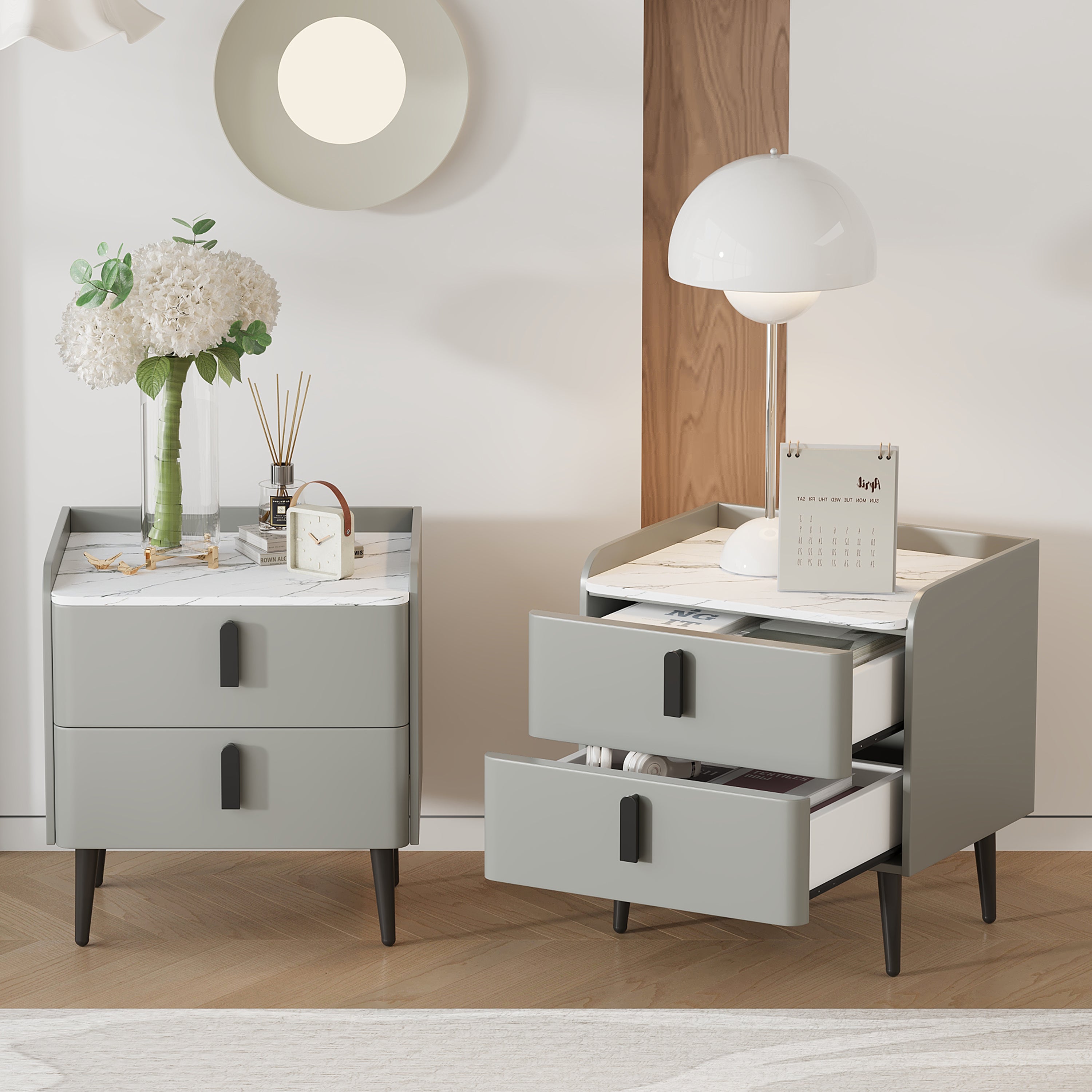 Nightstands Set of 2, Night Stand with 2 Drawers and Marble-Pattern Tabletop, Modern Beside Table for Bedroom, End Table for Living Room, Gray