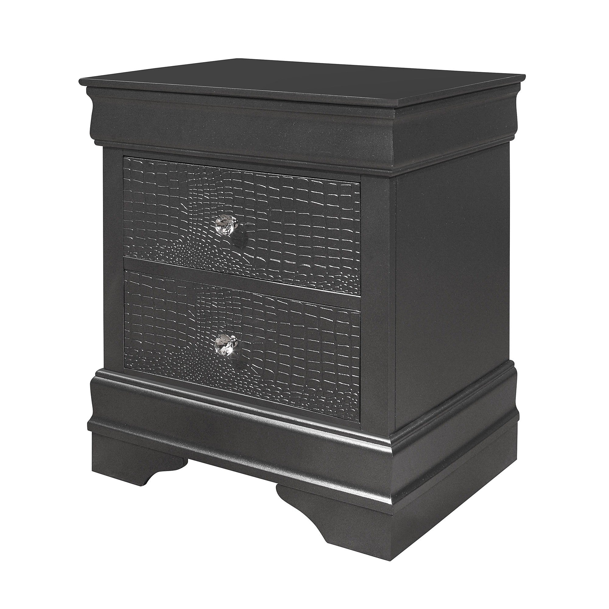 SHAKER Crocodile Metallic Grey Nightstand with Crystal Embellished Hardware and Solid Wood MDF