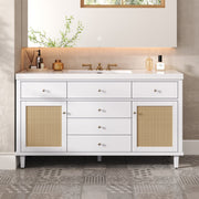 60' Bathroom Vanity with SMC Sink, Modern Large Storage Bathroom Storage Cabinet with Soft Close Drawers and Rattan Doors, Silver Metal Knobs and 5 Pine Legs, White