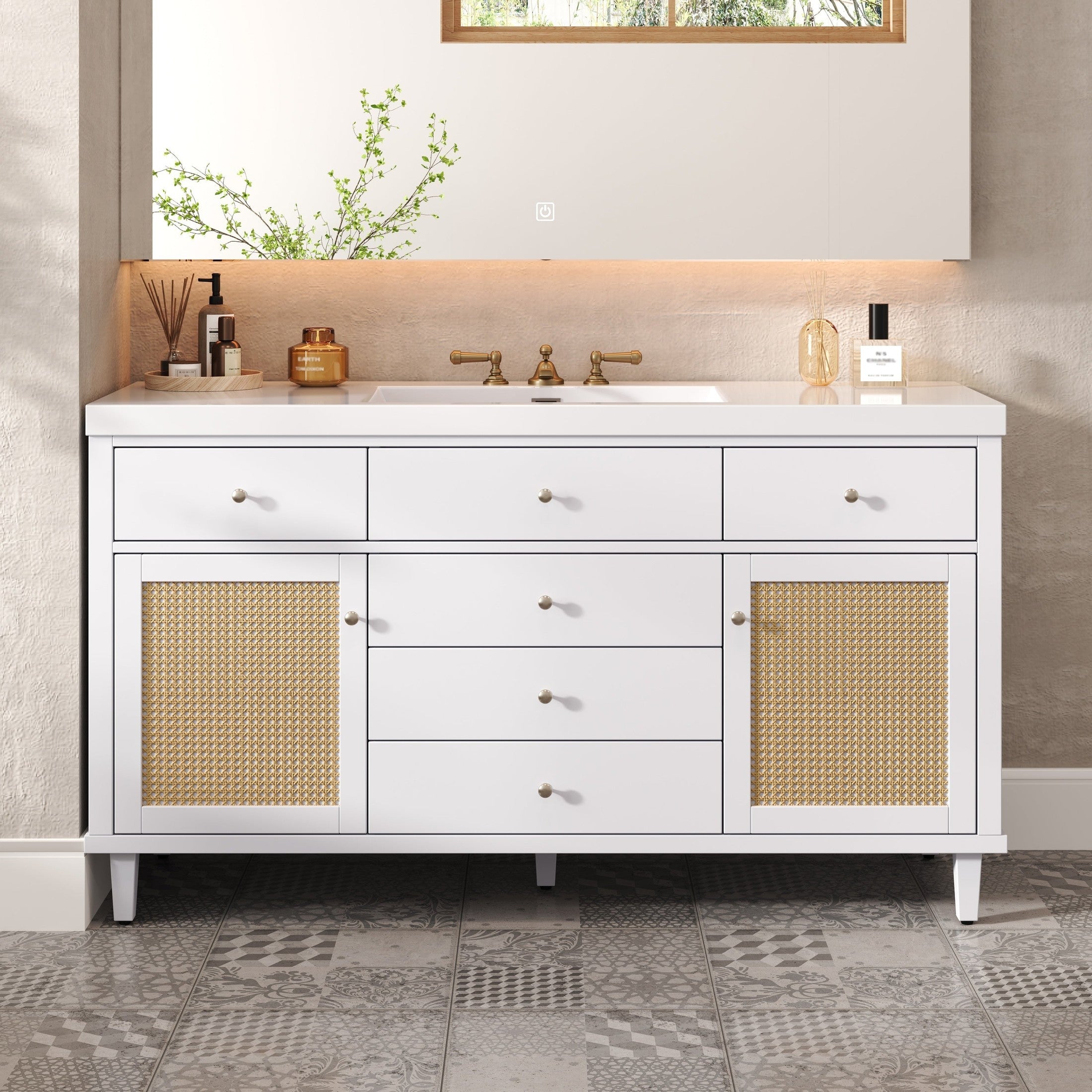 60' Bathroom Vanity with SMC Sink, Modern Large Storage Bathroom Storage Cabinet with Soft Close Drawers and Rattan Doors, Silver Metal Knobs and 5 Pine Legs, White